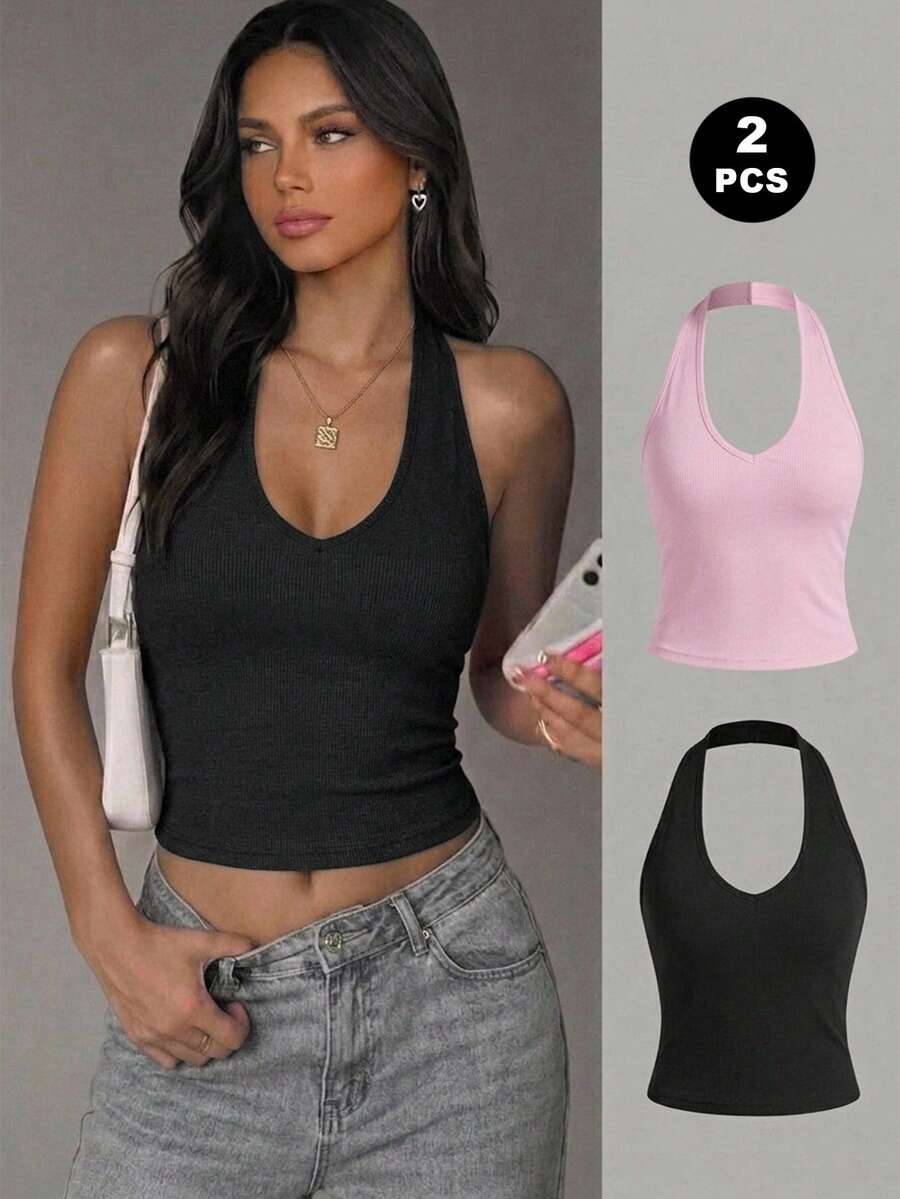 Conjunto de 2 tops cortos de mujer de cuello de halter de punto acanalado de ALGODÓN PURO, tops básicos de verano de ajuste ceñido y elástico - Rosa - Ver 1