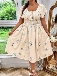 SHEIN MOOSTA Gaun Liburan Kasual Motif Bunga Ukuran Besar - Khaki - View 7