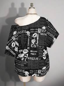 SHEIN ICON 大尺碼女款字母印花撞色不對稱肩性感T恤 - 黑與白 - 查看 2
