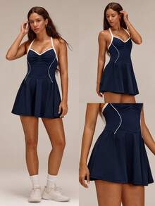 GLOWMODE FeatherFit™-Air RallyGlow UPF50+ Sweat-Wicking Ruched Bust Open Back A-Line Dress With Removable Cups & Shorts Tennis Golf Pickleball Daily Wear - Navy Blue - View 9