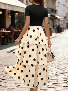 SHEIN LUNE Women's Polka Dot Round-Neck Short-Sleeve Black Cinched Waist Dress Dinner Party Summer Vintage Elegant - Multicolor - View 2