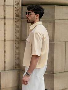 YOUESAWY YOUESAWY Men's Casual Striped Print Loose Fit Short Sleeve Shirt, Suitable For Spring/Summer Yellow Button Up Men Yellow Button Up Shirt Men Men Shirts Streetwear Yellow Striped Shirt Men - Light Yellow - View 6