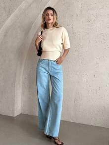 Privoire Fashion Slim Fit Ribbed Crew Neck Women's Knit Sweater - Apricot - View 6