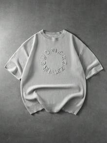 ROMWE MEN Street Life Men's Crew Neck Circular Embroidered Letter Knit Top Streetwear - Grey - View 1
