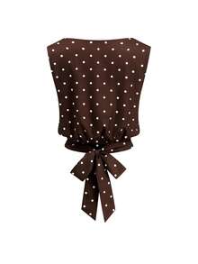 Gownix Sleeveless Tie-Waist Top And A-Line Brown And White Polka Dot Print Set, Comfortable And Easy To Wear Garden Party Summer Elegant - Mocha Brown - View 2