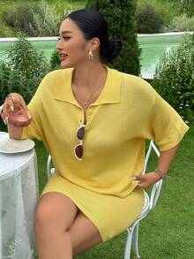 Dazy Plus Solid Color Casual Short Sleeve Loose Knit Top Bodycon Mini Skirt Yellow Women's Spring Summer Early Autumn Sweater Set Vacation Bussines Vacation - Yellow - View 3