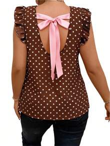 CosyJoli Summer Women's Brown Bow-Tie Color-Blocked Back Tie Ruffle Blouse, Short Flutter Sleeve Top, Plus Size Cute Summer, Holiday - Coffee Brown - View 6