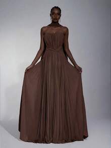 Elitara Elegant Chiffon Pleated Strapless Dress With Ruched Skirt And Train, Suitable For Date, Vacation, Evening Party - Coffee Brown - View 4