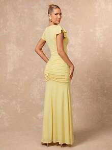 Lumalex Pale Yellow Boat Neck Maxi Dress With Flutter Sleeves Ruched Hip Detail Bodycon Bodice And Flared Hem Skirt Summer Holiday Outfits Elegant Dinner - Light Yellow - View 13