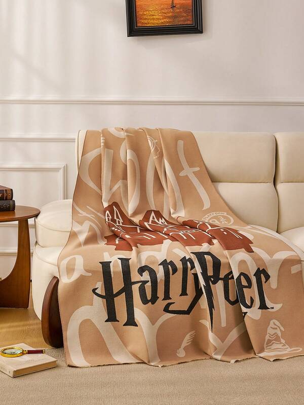 HARRY POTTER X SHEIN Imitation Cashmere Vintage Print Blanket, Outdoor Outing Blanket, Sofa Blanket, Shawl Outdoor Picnic Blanket, Bedroom Decoration Nap Blanket