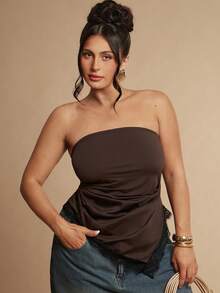 SHEIN BAE CURVE Plus Size Women's Brown Lace Tube Top , Tight Ruched Asymmetrical Design Hem Top, Summer, 4th Of July - Brown - View 4