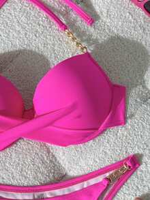 Swim SXY Summerbeach Women's Solid Color Metal Decor Halter Top And Bottom Bikini Set - Pink - View 4