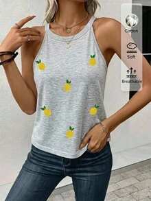 SHEIN LUNE 95%棉女款休閒修身掛脖背心，適合夏季 - 淺灰色 - 查看 3