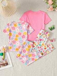 SHEIN 女童小女孩休閒簡約修身舒適圓領短袖長褲家居服套裝，春夏款，4件套，甜美可愛花朵彩虹愛心印花、跳舞女孩蝴蝶結印花 - 淺粉色 - 查看 2