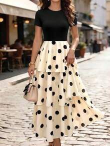 SHEIN LUNE Women's Polka Dot Round-Neck Short-Sleeve Black Cinched Waist Dress Dinner Party Summer Vintage Elegant - Multicolor - View 6