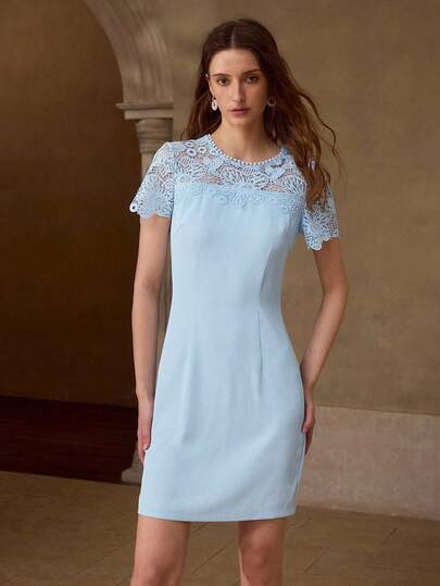 MOTF PREMIUM LACE PATCHWORK ELEGANT ROMANTIC DRESS FOR WOMEN PARTY BABY BLUE SUMMER