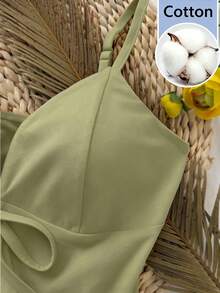 Selianne French Gentle Style Front Tie Ruffle Strap Slim Fit Flattering Camisole - Lime Green - View 3