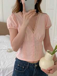 DAZY Women's Solid Color Pleated Lace Trim V-Neck Short Sleeve Elegant Summer Blouse School Vacation - Pink - View 2
