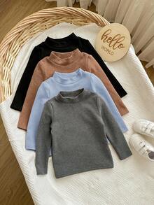 Babygirl Casual Versatile Knit Solid Color Long Sleeve Tops 4pcs/Set - Dusty Blue - View 3