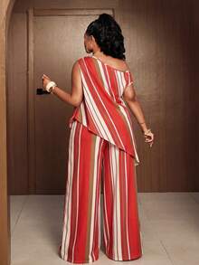 Maweii Plus Size Women's Spring/Summer New Casual Elegant Vacation Red One-Shoulder Asymmetrical Hem Top Shirt Waist-Cinching Straight Leg Pants 2-Piece Set - Multicolor - View 2