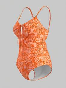 Sweetra CURVE Burnt Orange Summer Boho Beach Wedding Holiday Elegant Printed One-Piece Swimsuit,Adjustable Straps,Cute Bow Accent, Hollow-Out Back,2026 New Vacation - Multicolor - View 3