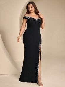 Coutiva Gaun Malam Formal Glamor Tanpa Bahu Berhiaskan Mutiara Imitasi untuk Wanita Ukuran Plus (Pengerjaan Berat) - Hitam - View 4