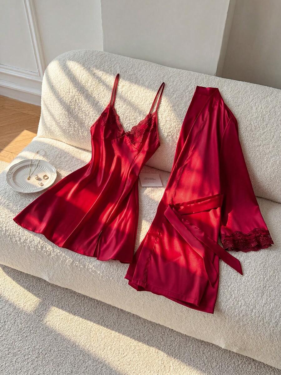 Moireta 蕾丝边吊带连衣裙和系带睡袍套装,秋冬舒适优雅服饰 - 酒紅色 - 查看 1