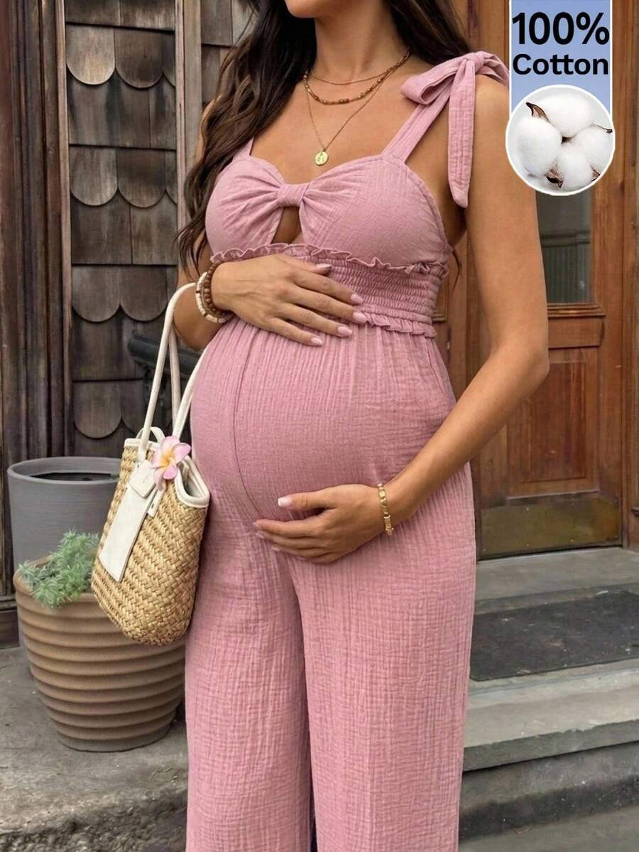 SHEIN 孕婦純色腰部繫帶寬腿連身褲 - 粉色 - 查看 1