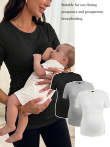 Modmama 3pcs Maternity Round Neck Short Sleeve Nursing T-Shirt - Multicolor - View 2