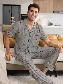 CoupledUp Men's Bowknot Striped Print Open Front Lapel Short Sleeve Long Pants Pajama Set - Black - View 2