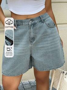 Dazy Plus Jeans rectos cortos y acortados de pierna recta, estilo de calle, talla grande para mujer, lavado vintage desgastado y descolorido, primavera/verano - Lavado ligero - Ver 1