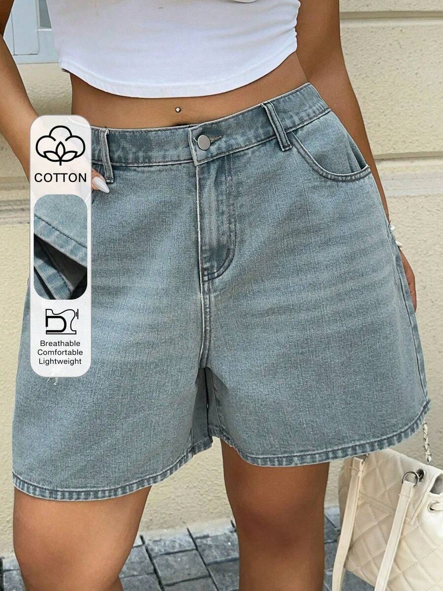 Dazy Plus Jeans rectos cortos y acortados de pierna recta, estilo de calle, talla grande para mujer, lavado vintage desgastado y descolorido, primavera/verano - Lavado ligero - Ver 1