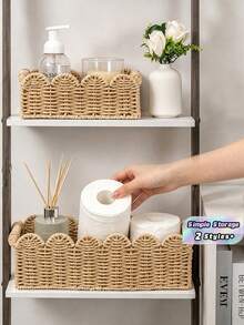 1PC Paper Rope Rattan Woven Storage Basket, Tea Table Storage Box, Toys, Snacks, Cosmetics Storage, Japanese Wooden Handle, Petal Style Storage - Brown - View 1
