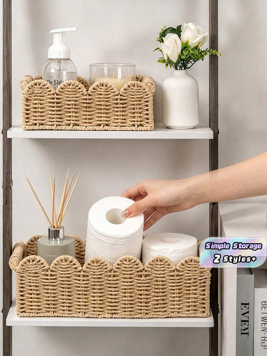 1PC Paper Rope Rattan Woven Storage Basket, Tea Table Storage Box, Toys, Snacks, Cosmetics Storage, Japanese Wooden Handle, Petal Style Storage - Brown - View 1