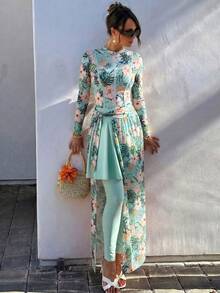 Swim Shayni Conjunto de 4 piezas para mujer, nuevo mono de estampado floral tropical de primavera/verano, falda transparente y pantalones ajustados, ropa de baño minimalista pero de moda para vacaciones de primavera/verano - Multicolor - Ver 4