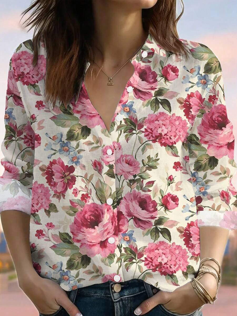 EMERY ROSE 復古花卉亞麻質感襯衫 女款花卉上衣 牡丹花襯衫 - 彩色 - View 1