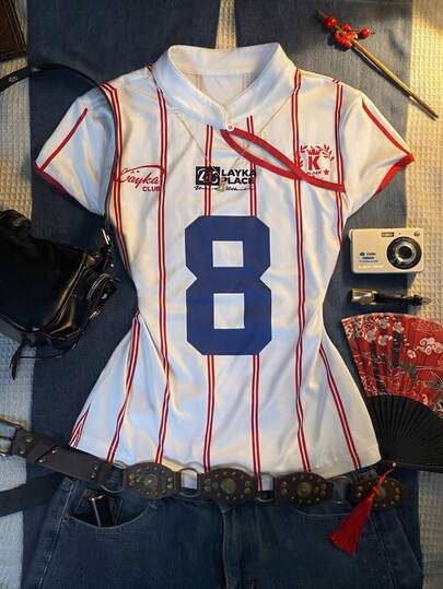 Rovax T-shirt style chinois à manches courtes avec imprimé lettres et ourlet asymétrique pour femmes