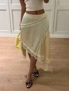 Siren Gaze Fall Autumn Satin Yellow Women Lace Trim Patchwork Casual Asymmetrical Skirt Festival Halloween Back To School Party Wedding Birthday Elegant Formal - Light Yellow - View 8