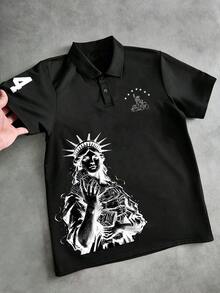 Manfinity EMRG Men's Black Street Style Polo Shirt,Black N White Statue Of Liberty Stars Numbers Print,Loose Short Sleeve Summer Casual Cruise Independence Day Top - Multicolor - View 2