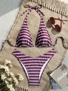 Swim Mod 女款夏季海灘度假條紋掛脖綁帶性感時尚比基尼兩件式泳衣套裝 粉色與白色條紋 - 彩色 - 查看 2