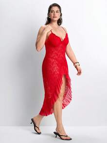 Slumbrini Camisón de encaje transparente y fruncido con abertura, conjunto de lencería sexy con tirantes finos para tallas grandes - Rojo - Ver 5