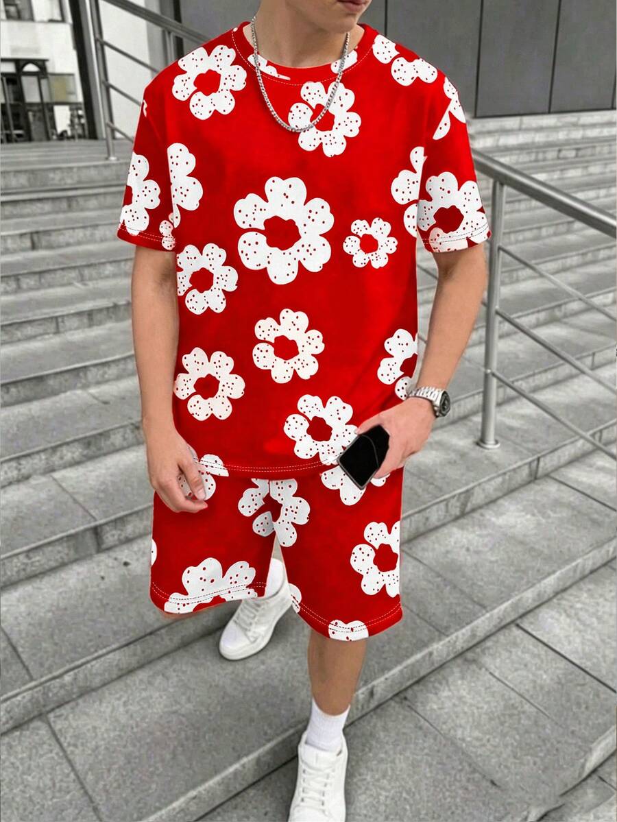 青少年男孩春夏季休閒時尚兩件套，紅色配白色花卉圖案，花卉印花設計，休閒基本款短T恤和短褲套裝，日常穿著、旅行、輕運動 - 彩色 - 查看 1