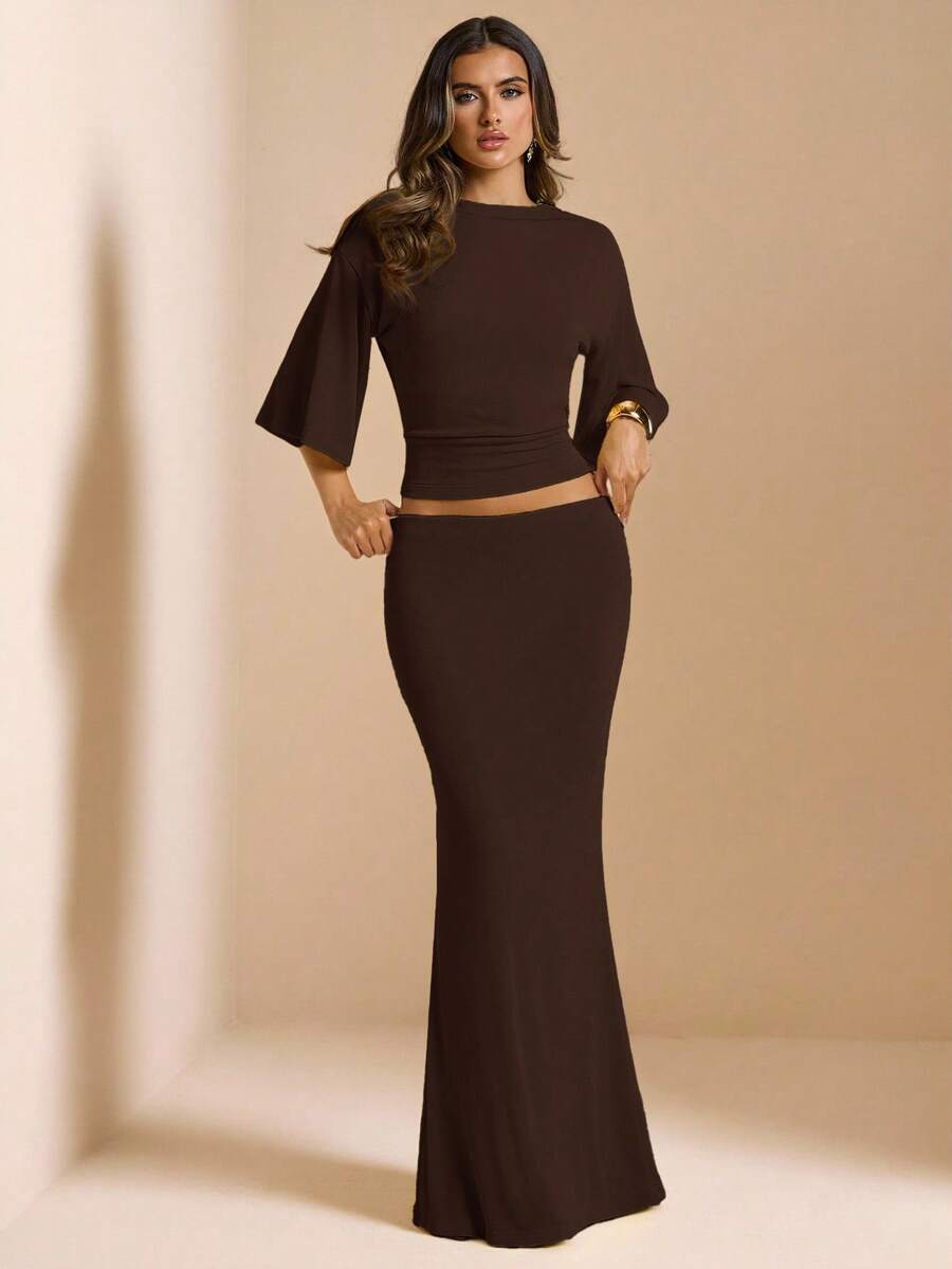 SHEIN BAE Women's Solid Color Backless Top Mermaid Skirt Elegant 2 Pieces Set Party Night Dark Brown Autumn - Coffee Brown - View 1