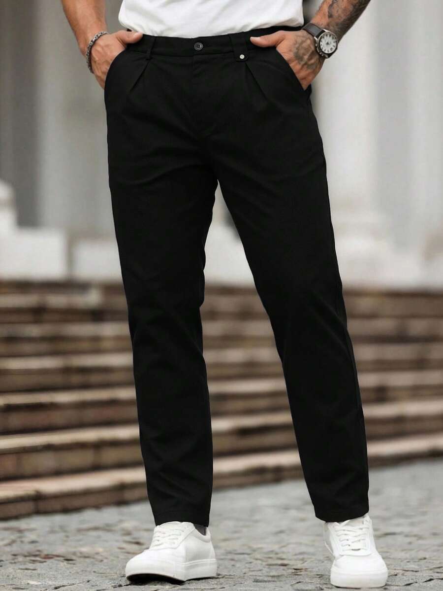 Manfinity Homme 1件男士成熟休閒長褲,黑色布料,通勤百搭,時尚舒適,男友禮物、丈夫禮物、週年紀念禮物 - 黑色 - 查看 1