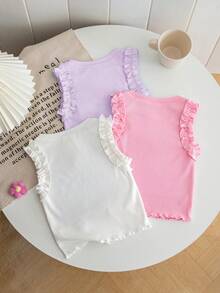 SHEIN 女童 3 件組 純色針織 3D 花朵荷葉邊休閒背心上衣 - 淡紫色 - 查看 8