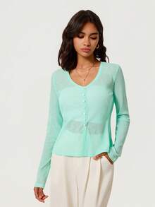 SHEIN BASICS Women's Solid Color Single-Breasted Casual Versatile Daily Long Sleeve Cardigan Office Mint Green Autumn - Apricot - View 2