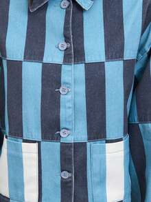 Nöista Women's Striped Cropped Jacket In Warm Pink And Rust Tones With Contrast Patch Pockets And Relaxed Fit. Lightweight Cotton Fabric With Button-Front Closure And Modern Boxy Silhouette-Perfect For Spring Layering, Casual Chic Outfits, Everyday Wear, Summer Styling, And Transitional Seasons. - Blue - View 8