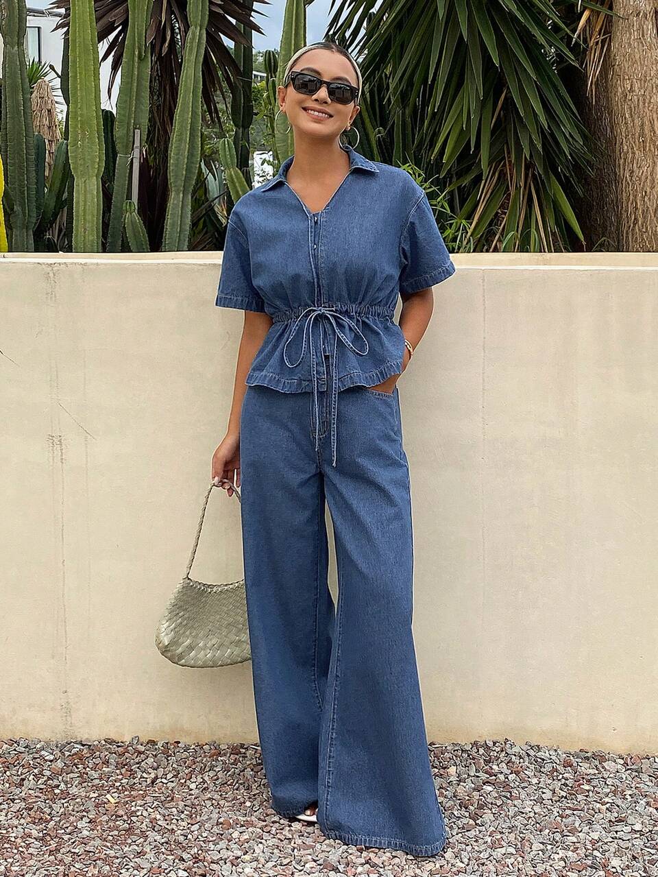 Women's Summer Lapel Waist-Cinching Short Sleeve Pullover Shirt And Loose Long Pants Casual Denim Outfit