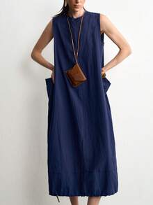 Aalyst Gaun Tanpa Lengan Minimalis Kasual Serbaguna untuk Wanita, Warna Polos, Resleting Depan, Tali Serut, Cocok untuk Liburan Musim Panas Warna Biru Tua - Navy Blue - View 4