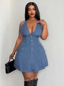 Jeanoix Y2K Plus Size Autumn Multi-Button Row Bow Tie Backless Sexy Navy Blue Denim Dress Vacation Date Night Brunch - Light Wash - View 1